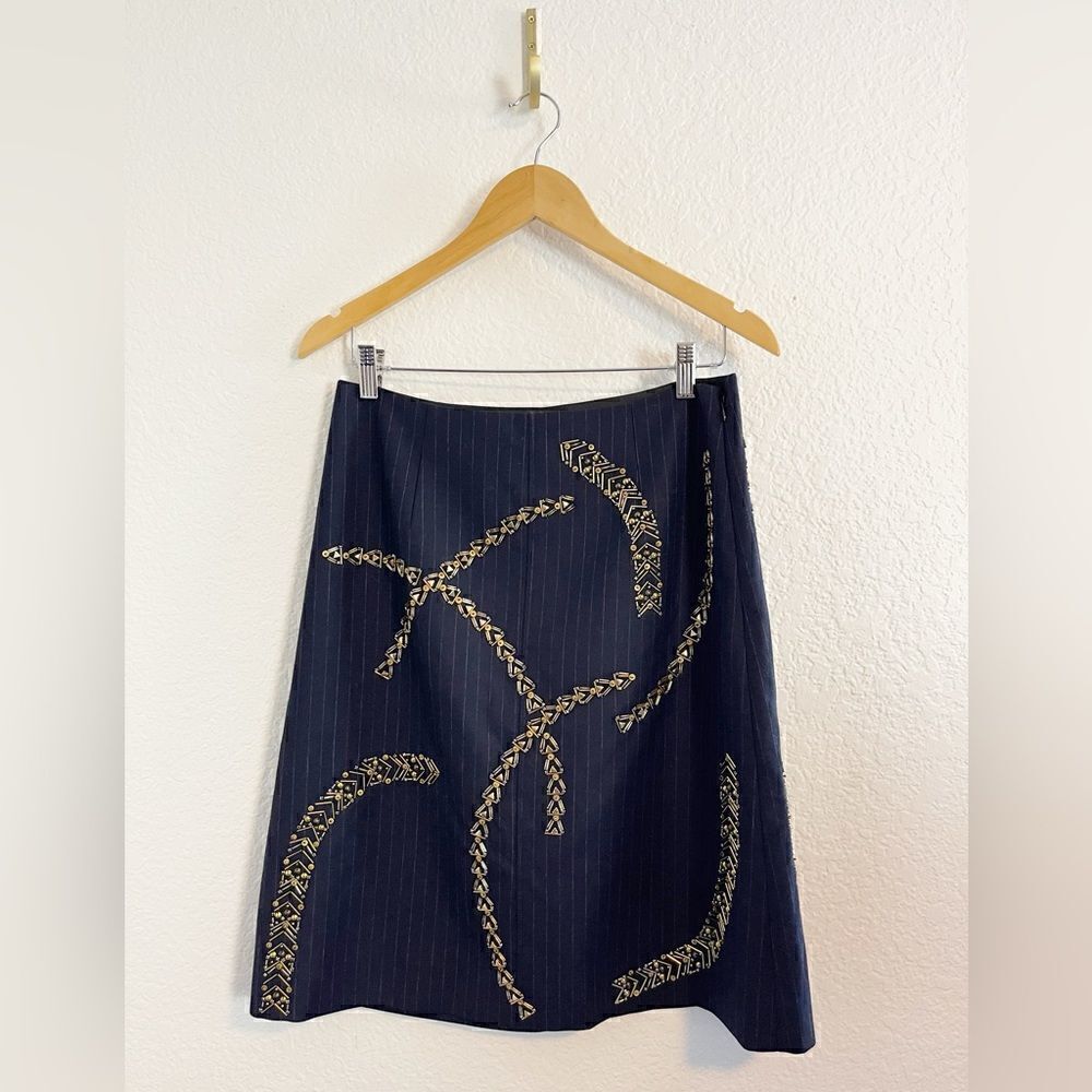 J Crew navy pin stripe pencil skirt with sequined detail.  Office Siren 6. NWT